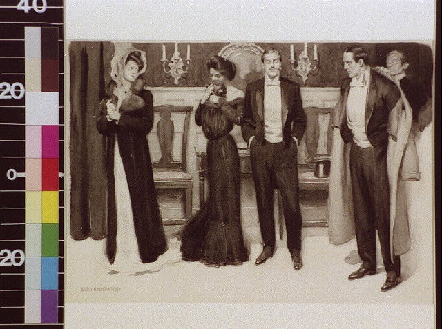 [Two couples in evening dress, one man being helped with...