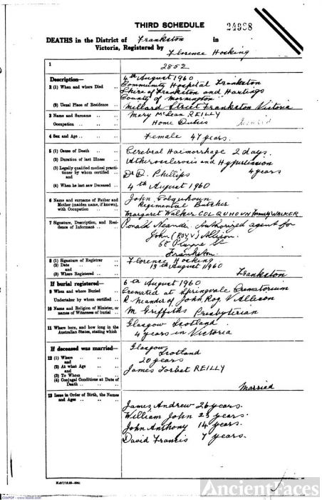 Mary Mclean Reilly death certification