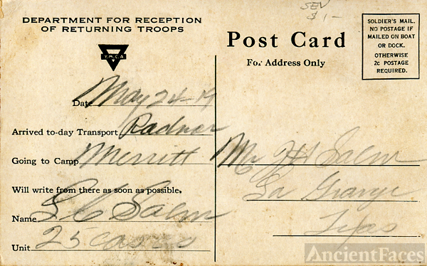 Back of Louis Salm's YMCA postcard