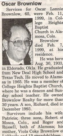 Obituary for Oscar Lonnie Brownlow of Alamosa, Co.