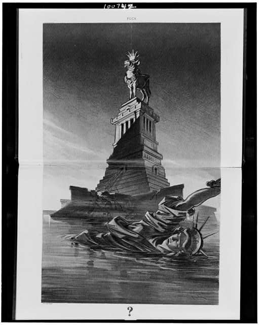 [Statue of Liberty floating in bay and statue of cow,...