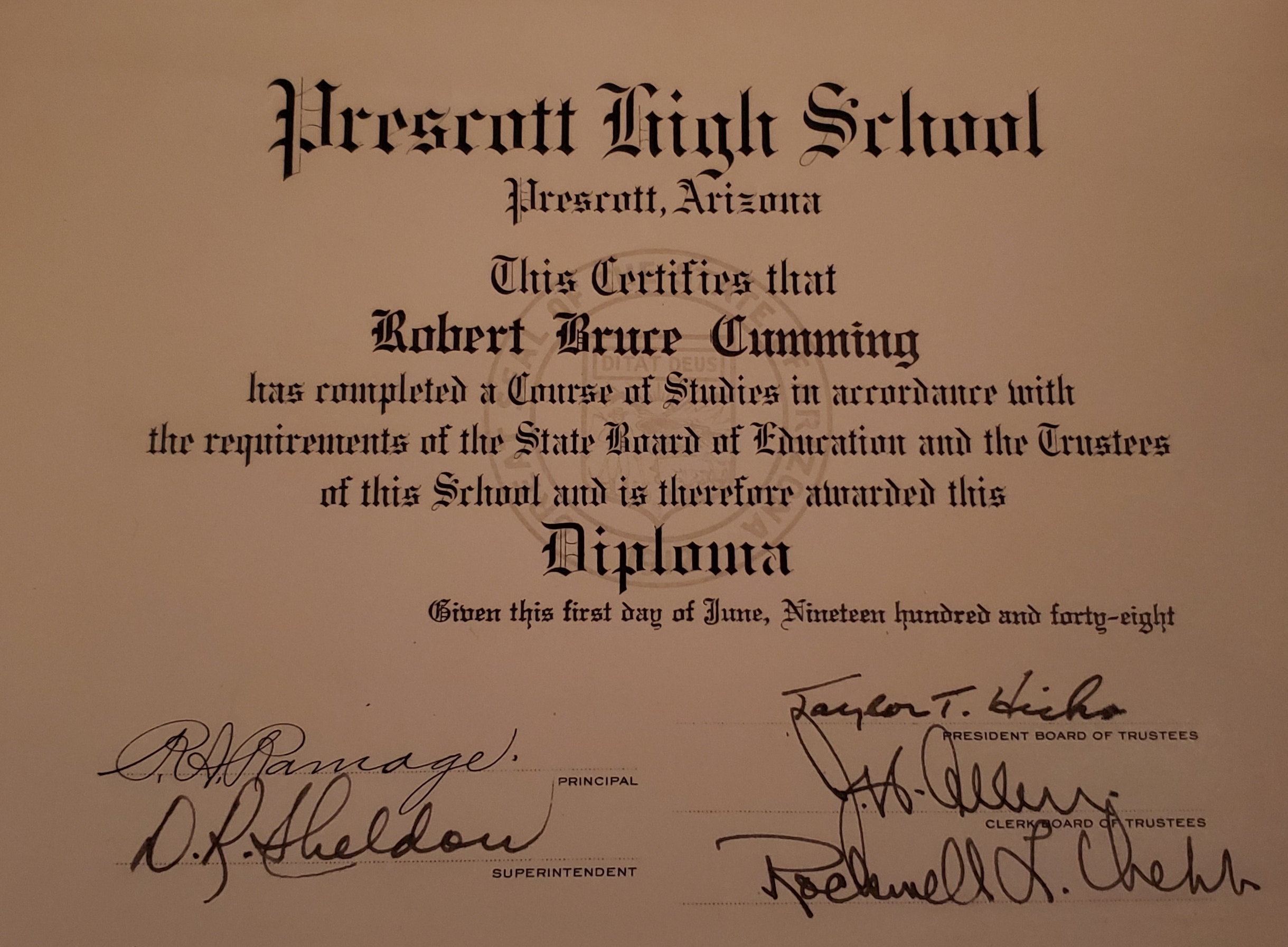 Robert B Cumming 1948 Graduation  diploma 