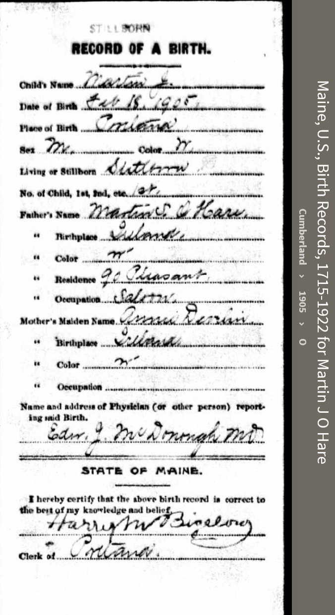Martin J O'Hare--Maine, U.S., Birth Records, 1715-1922(1905)