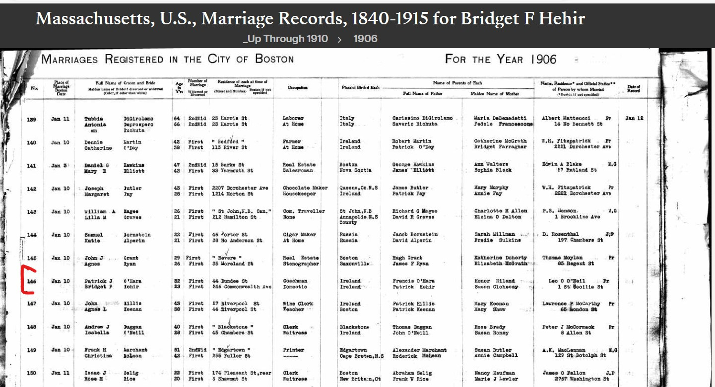Bridget Theresa (Hehir) O'Hara--Massachusetts, U.S., Marriage Records, 1840-1915(1906)