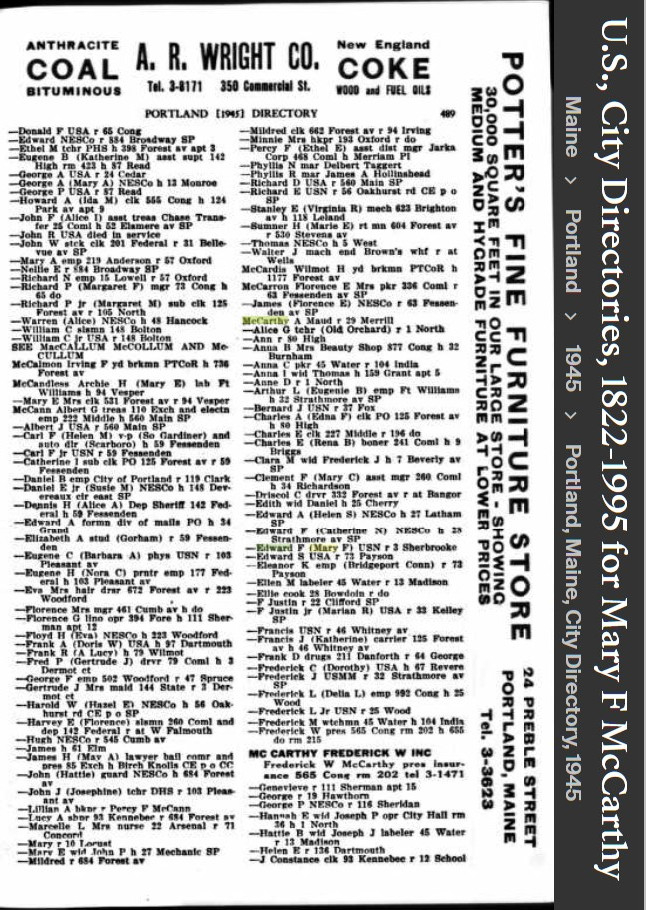 Mary Frances (Pender) McCarthy--U.S., City Directories, 1822-1995(1945)
