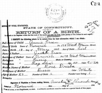 Anna Green, Birth Certificate