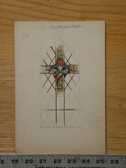 [Design drawing for stained glass window showing cross...