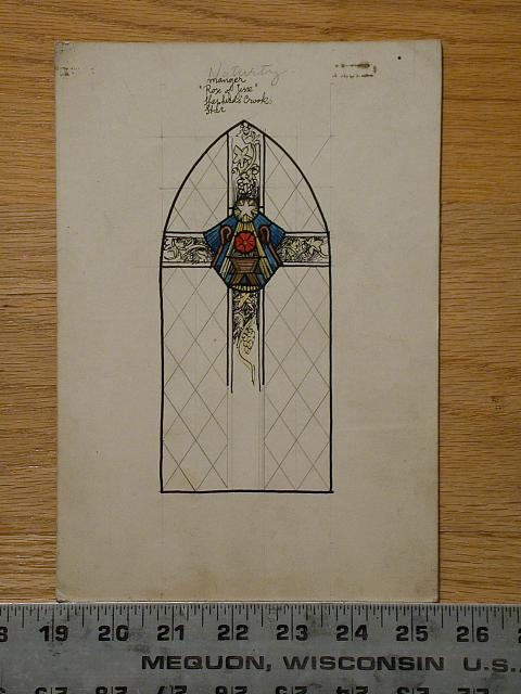 [Design drawing for stained glass window showing Nativity]