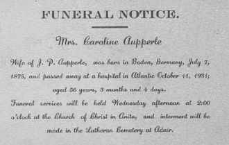 Caroline Aupperle, Funeral Notice