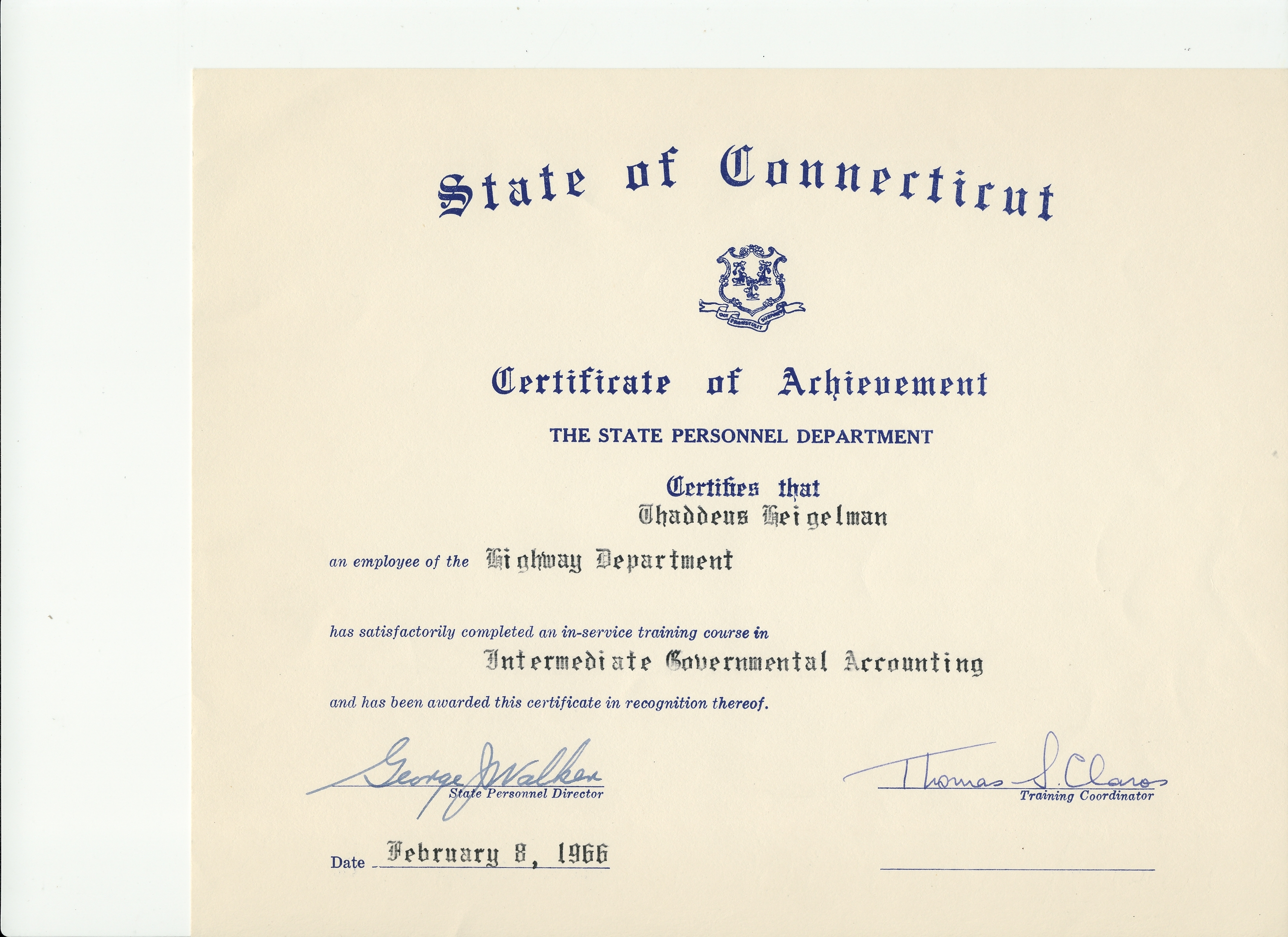 Thaddeus Heigelman Certificate 1966 Connecticut