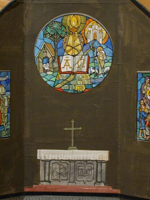 [Design drawing for stained glass window with text "I am...
