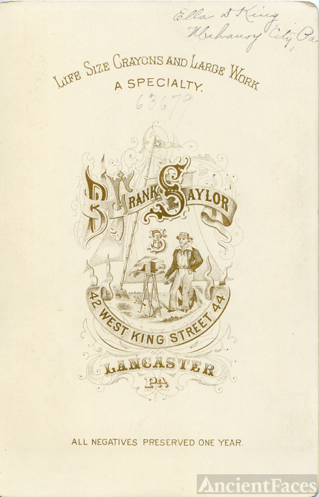 Back of Ella King cabinet card