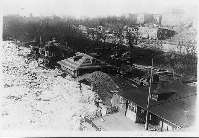[Bird's-eye view of boathouses, along the Potomac River,...