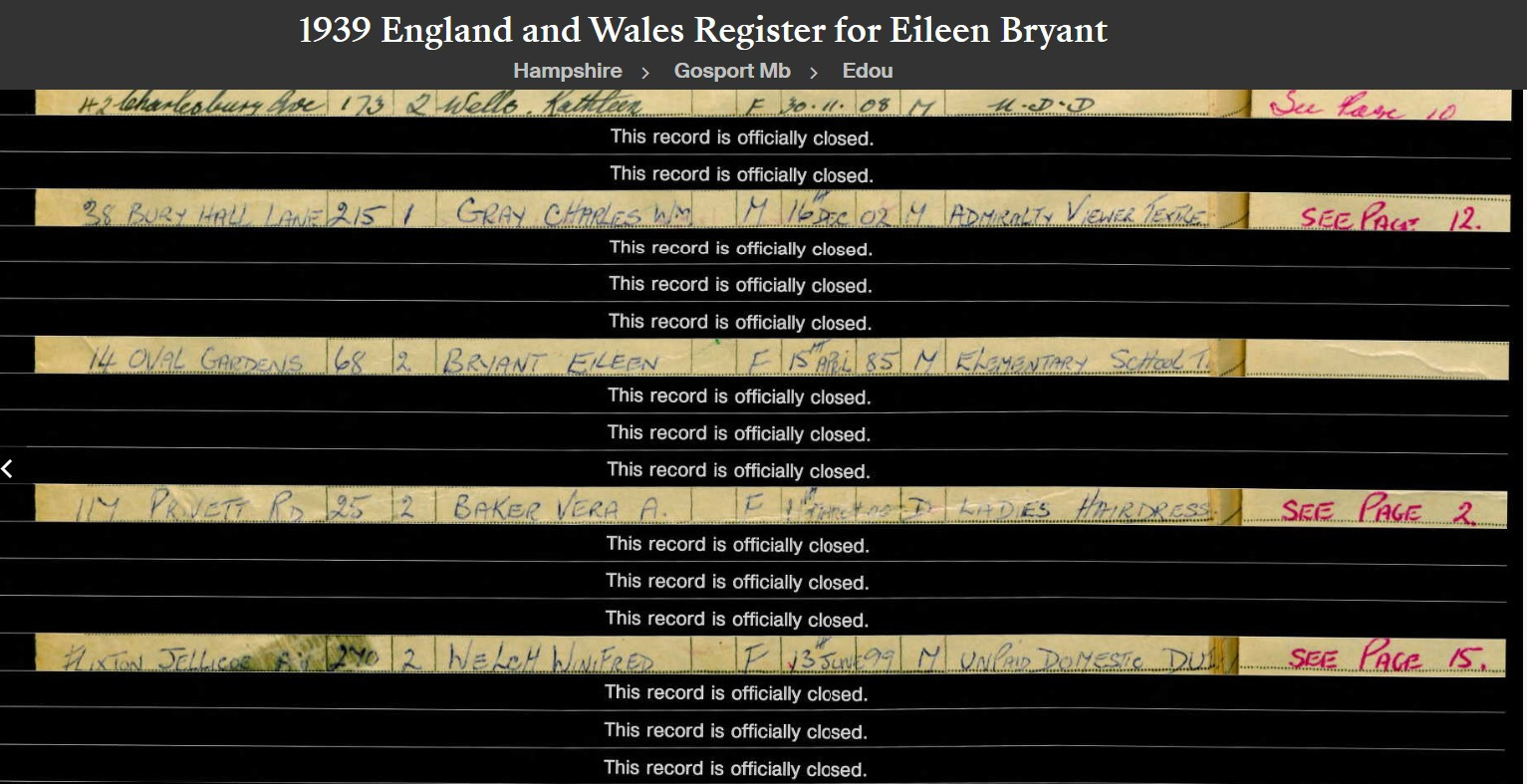 Eileen "Eily" (Hehir) Bryant --1939 England and Wales Register(pg 19)