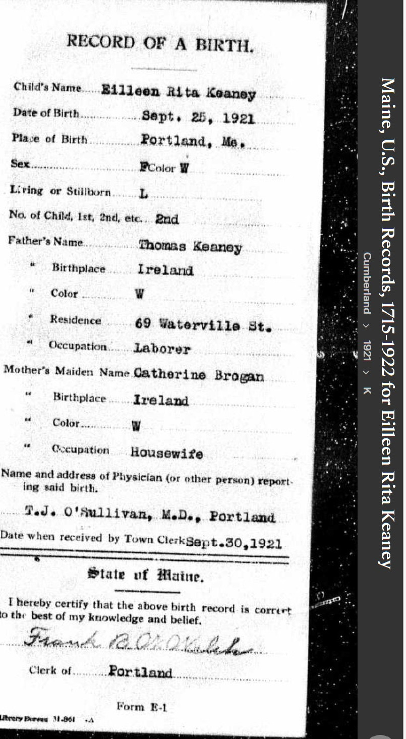 Eilleen Rita Keaney-Foley--Maine, U.S., Birth Records, 1715-1922(1921)