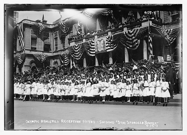 Olympic Athletes Reception, crowd singing "Star Spangled...