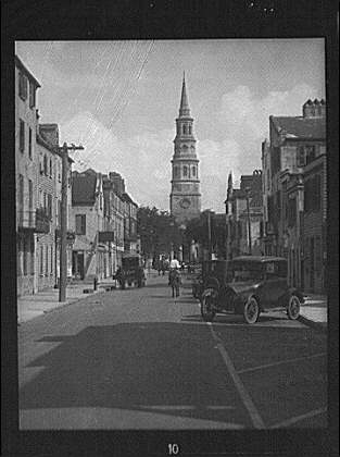 View down street to St. Philip's Church, Charleston,...