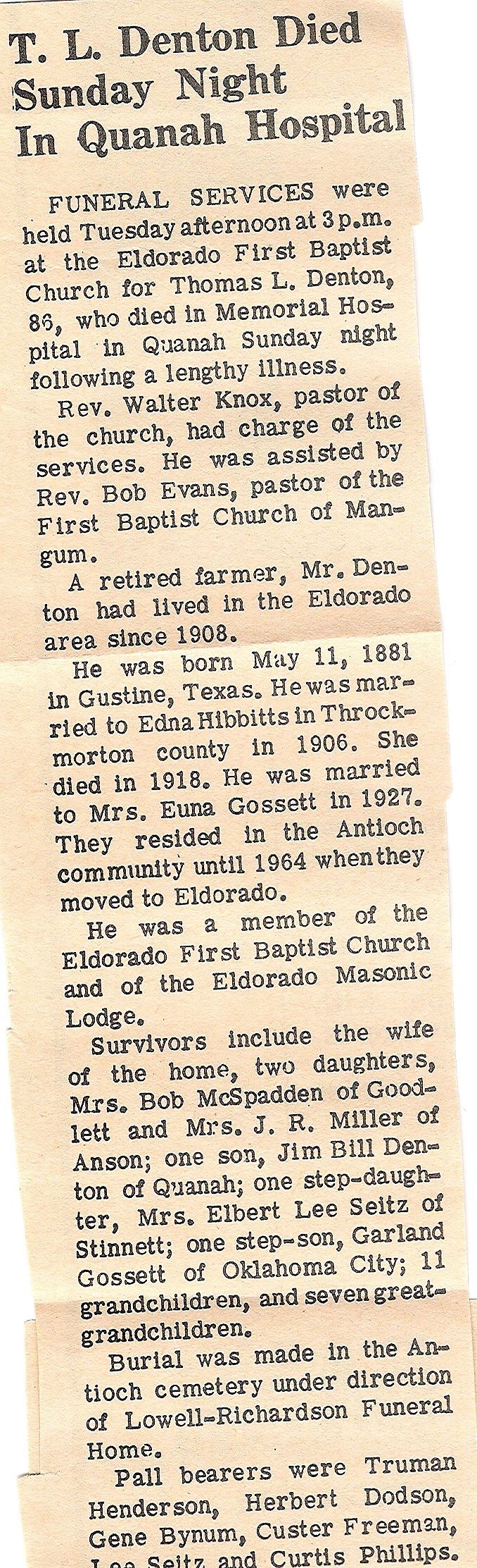 1967 Obituary Thomas Denton, Farmer, Eldorado, OK