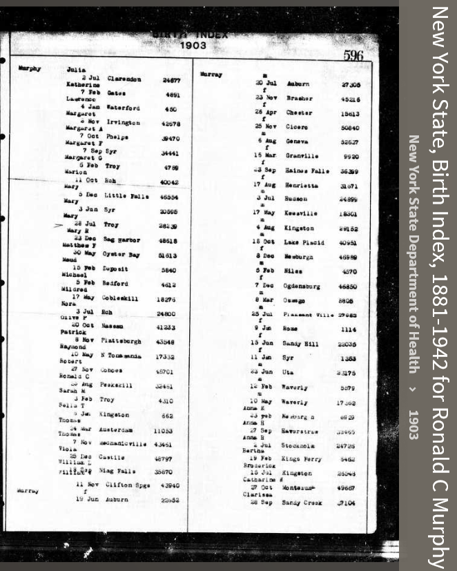 Ronald Charles Murphy --New York State, Birth Index, 1881-1942(1903)