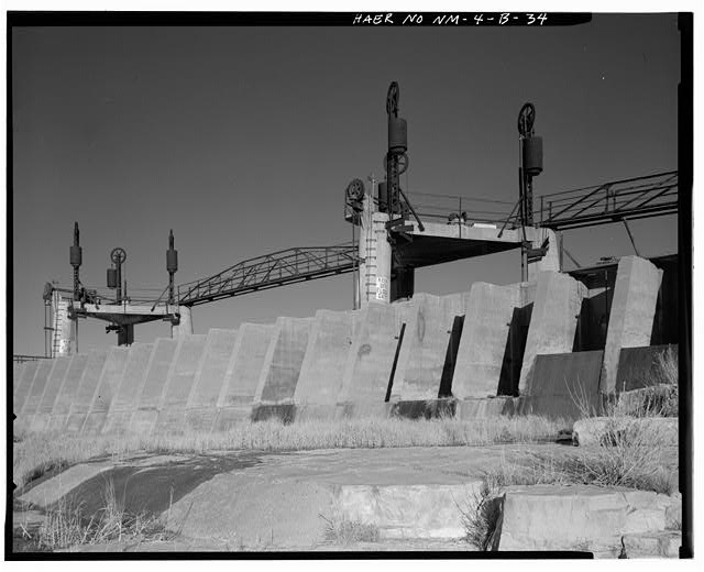 34. AVALON DAM - VIEW TO SPILLWAY NO. 1, CYLINDER GATE...