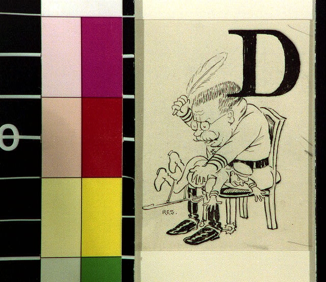 [Miltary officer spanking man with quill under letter D]