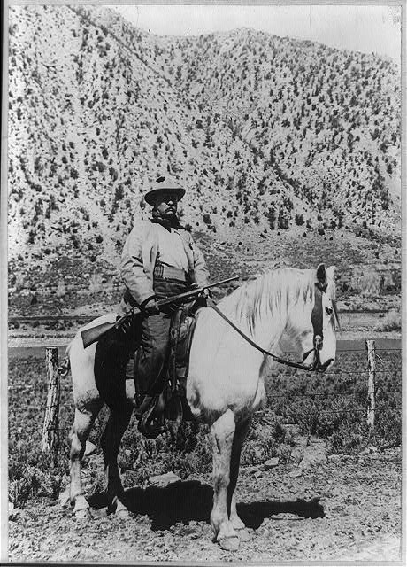 [Theodore Roosevelt on horseback carrying rifle]
