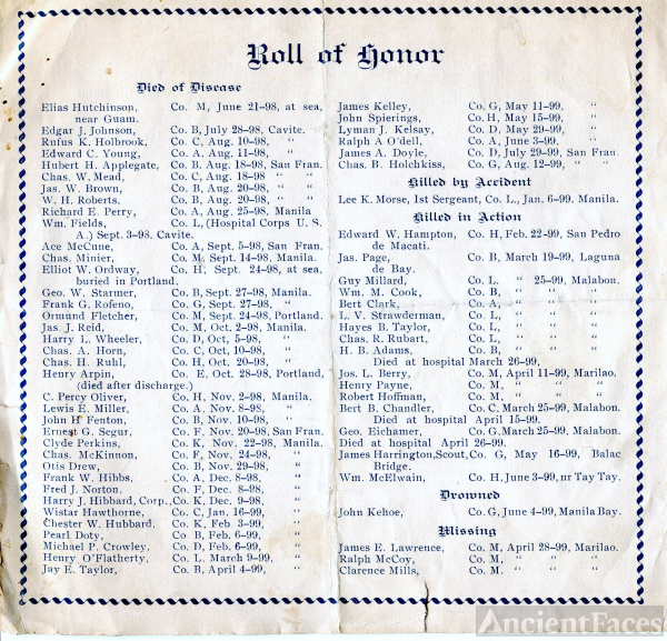 Honor Roll for Dead Spanish War 1899 w/List of Names