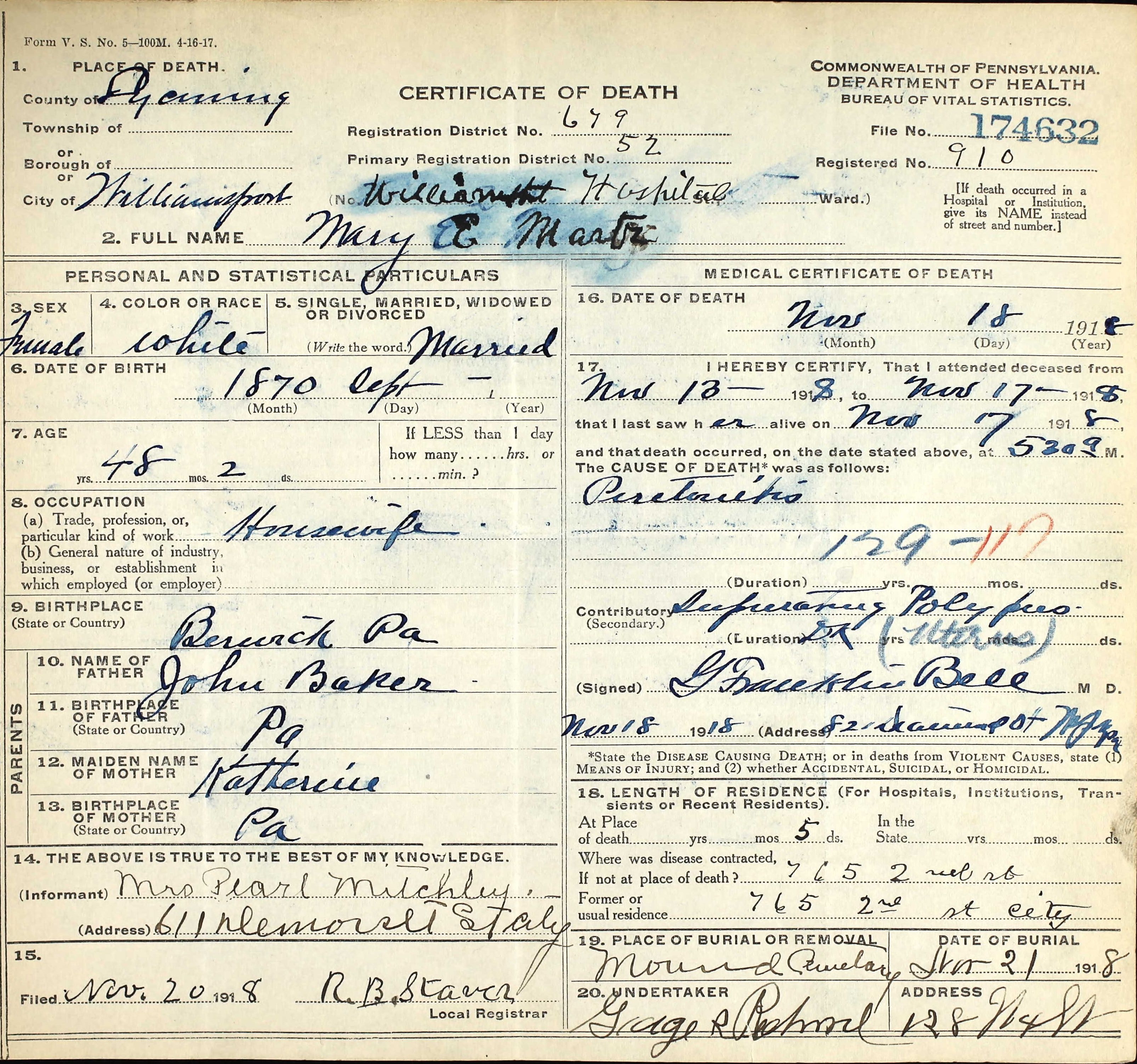 Mary Emma (Baker) Martz Death certificate