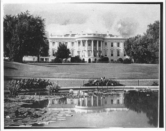 White House exteriors. Rear view of White House with lily...