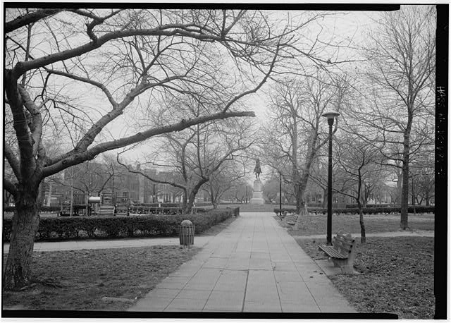 3. VIEW OF STANTON PARK AND THE NATHANIEL GREENE STATUE,...