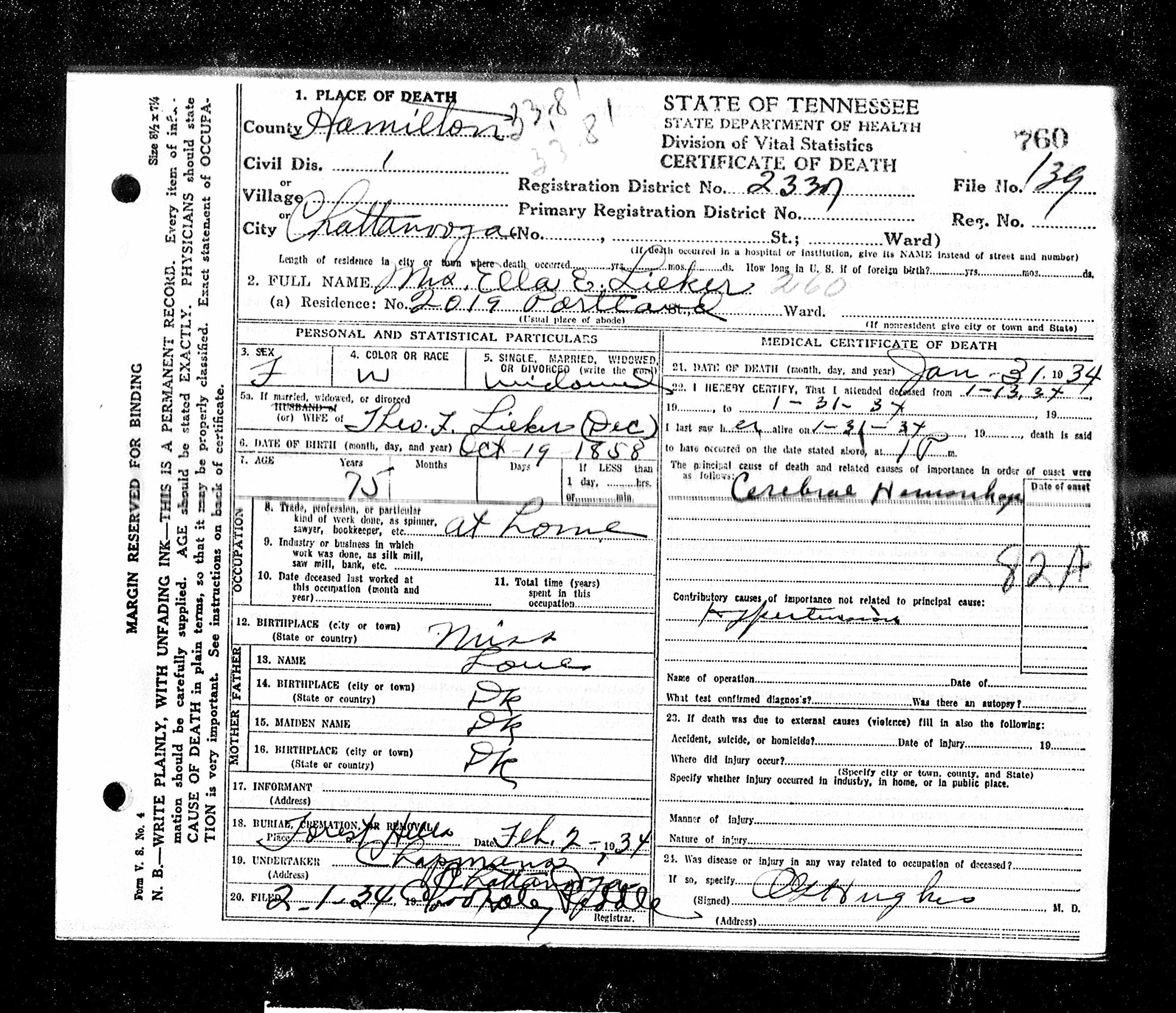 Ellena Love Lieker Death Certificate