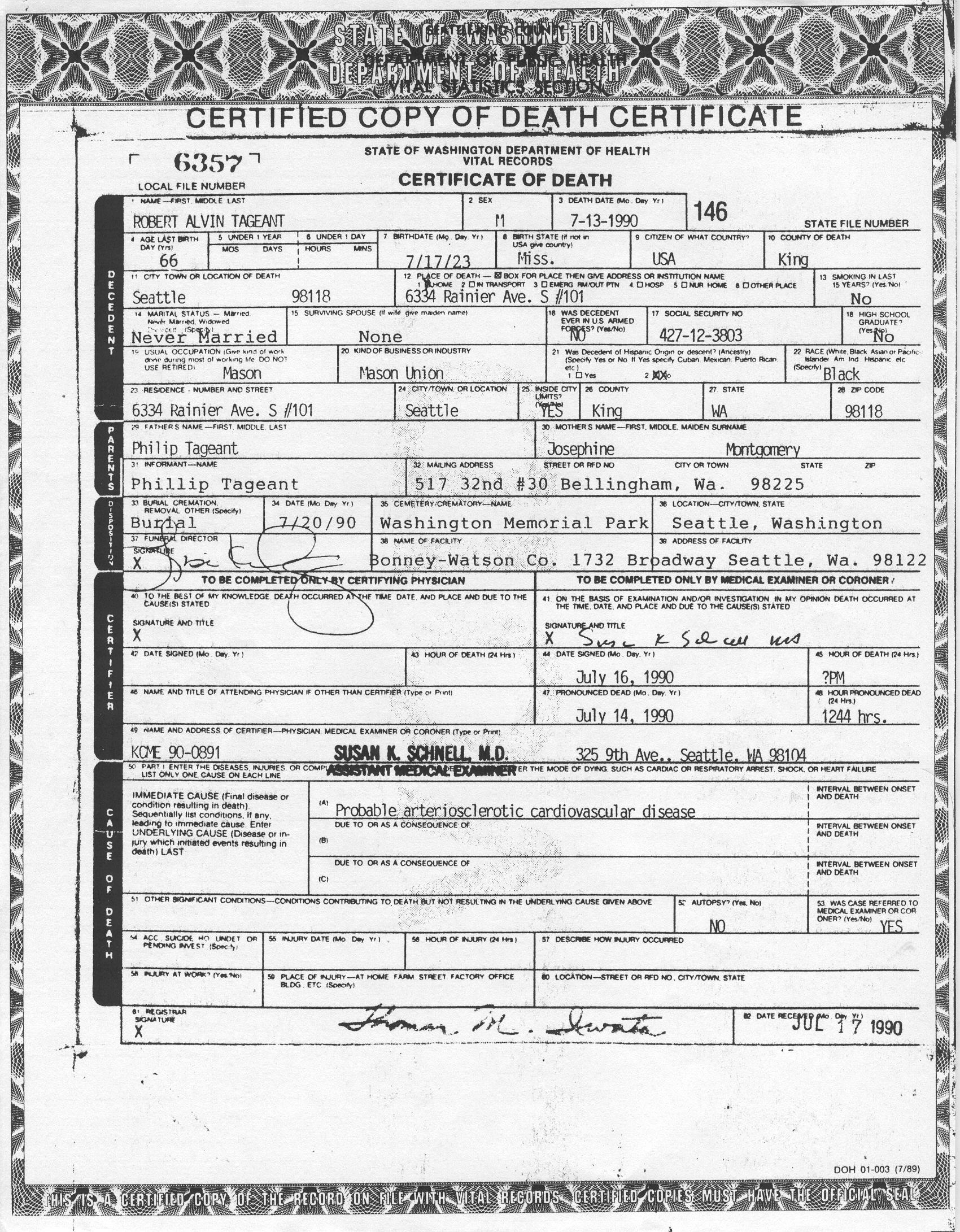 Robert A Tageant death certificate