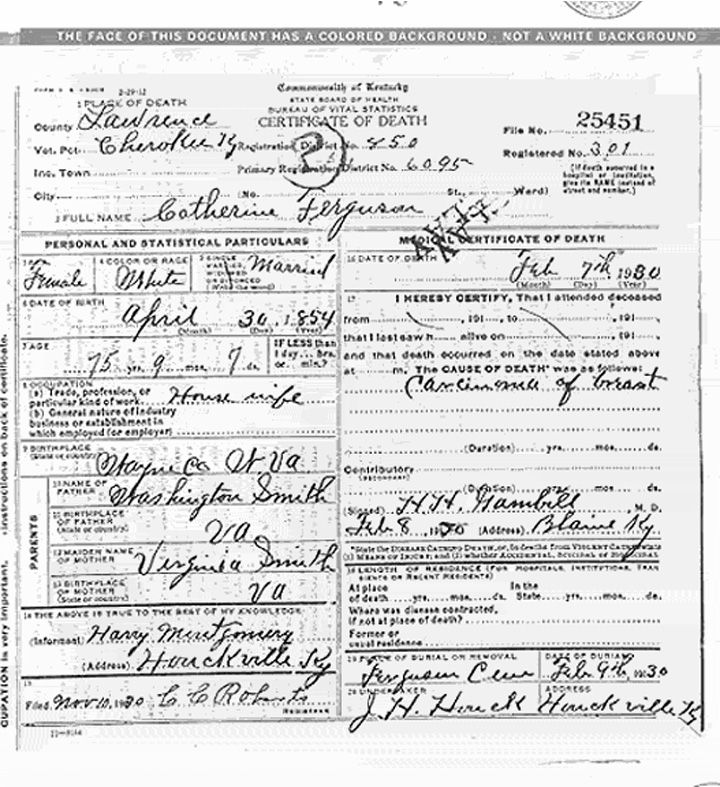 Death Certificate Catherine Smith