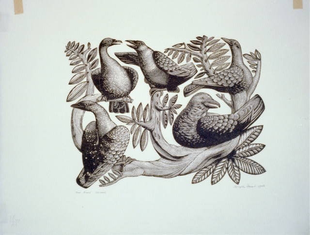 Five birds [on branch]