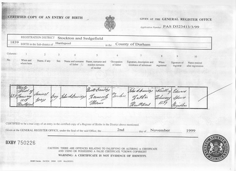 Samuel George Bavidge Birth Certificate