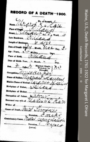 Margaret Lee Clancy-O'Hare--Maine, U.S., Death Records, 1761-1922(1900)
