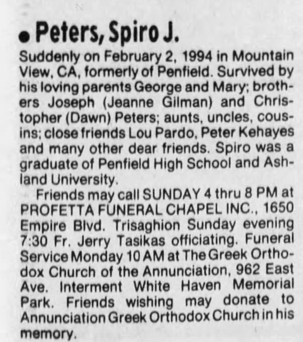 Spiro J Peters Obituary 