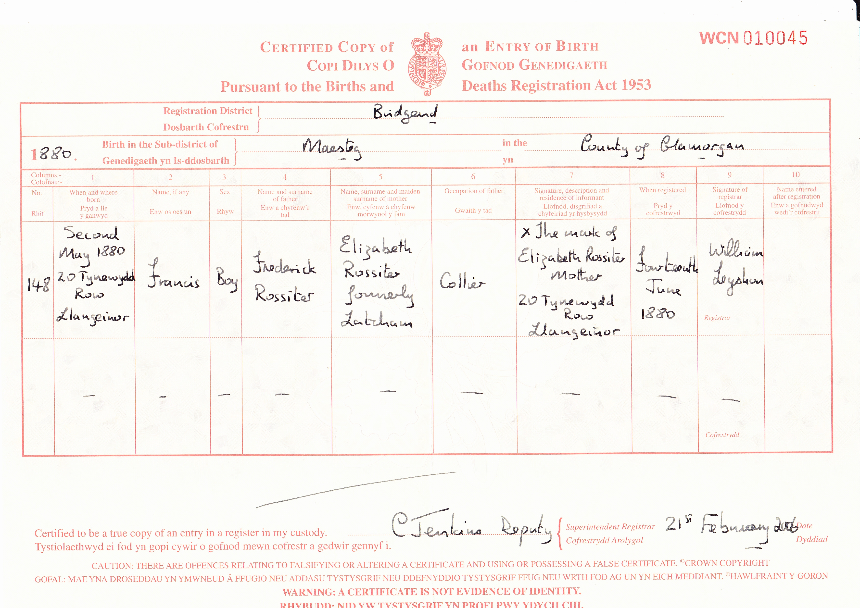 Francis Rossiter birth certificate