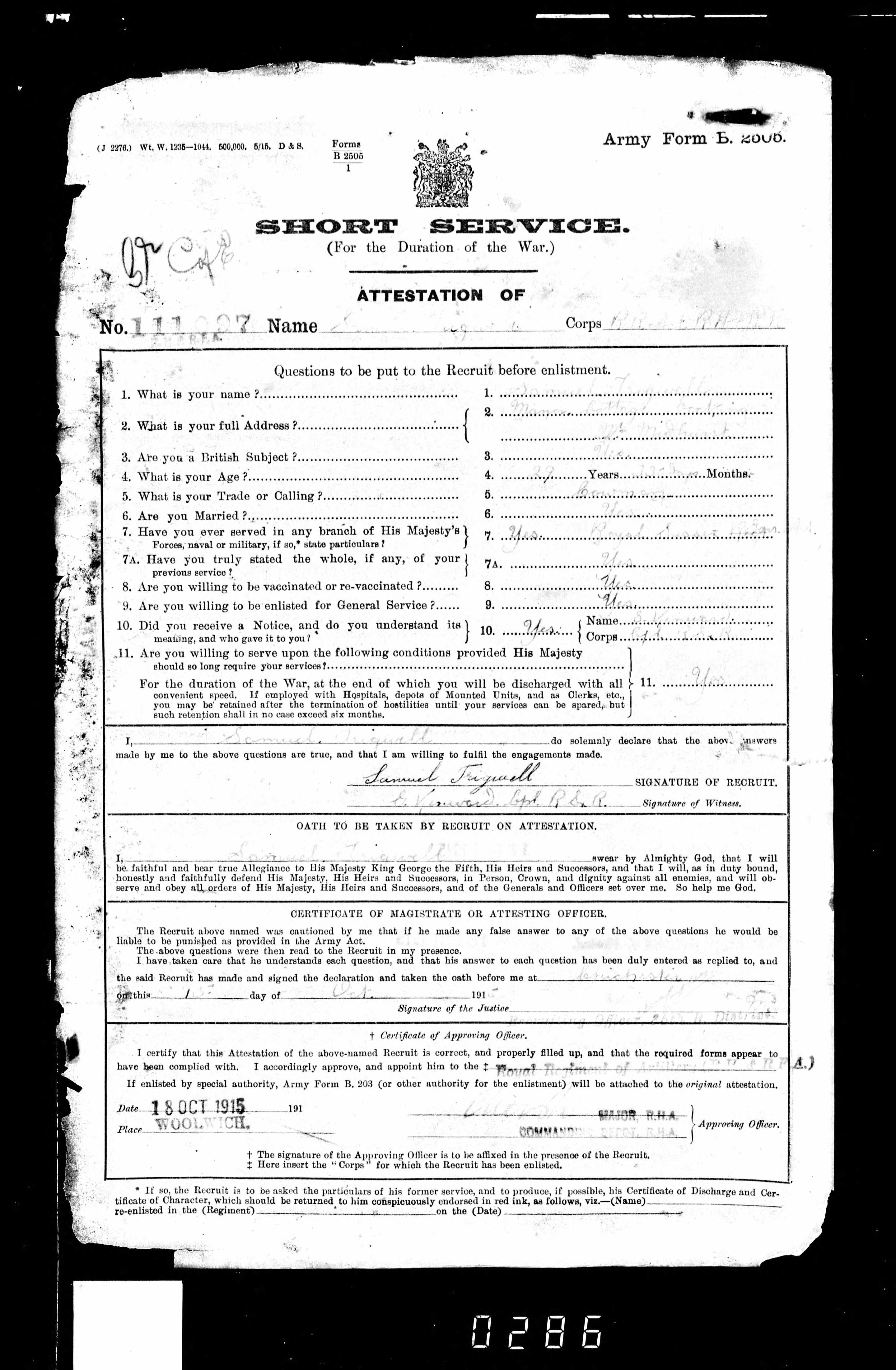 Short Service Army Form 