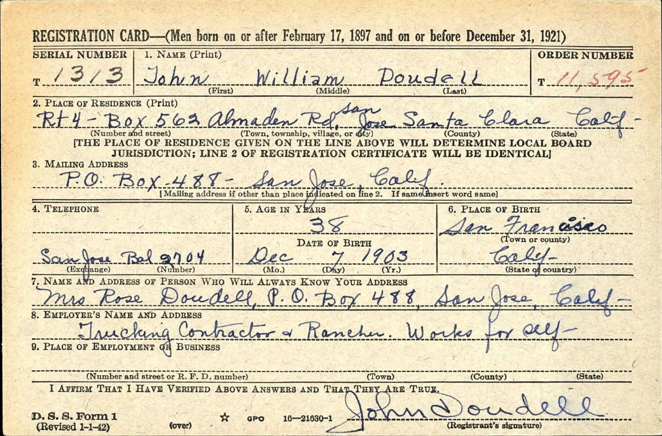 World War 2 Draft Registration Card - John William Doudell