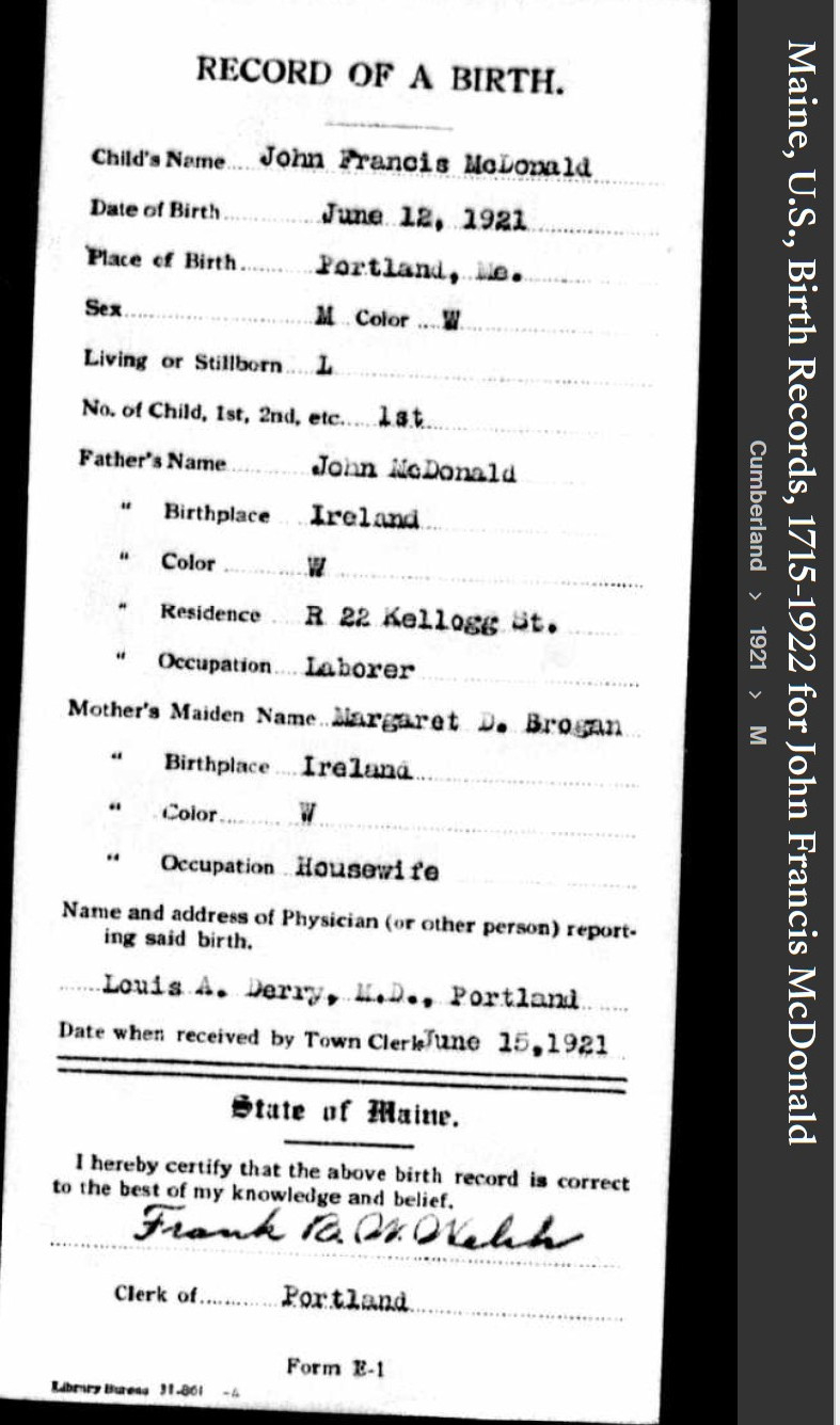 John Francis Mcdonald --Maine, U.S., Birth Records, 1715-1922(1921) front