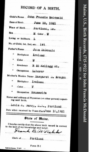John Francis Mcdonald --Maine, U.S., Birth Records, 1715-1922(1921) front