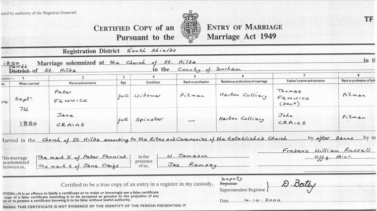 Peter Fenwick & Jane Craigs Marriage Certificate