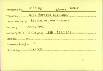 Death index card: Elsa Gertrud Kathinka Hebting (born Bauer)