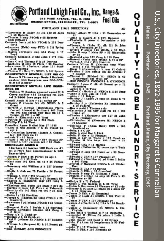 Margaret Gertrude Connellan--U.S., City Directories, 1822-1995(1945)