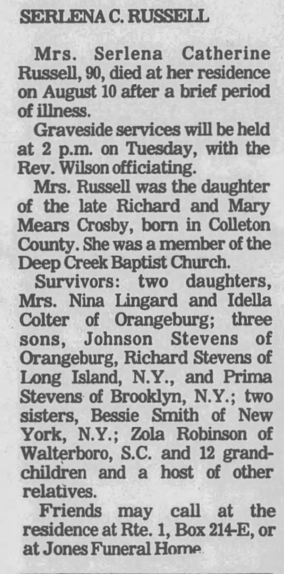 Serlena Catherine Russell Obituary 