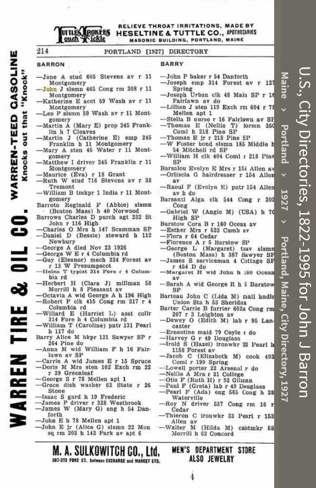 John Joseph Barron--U.S., City Directories, 1822-1995(1927)