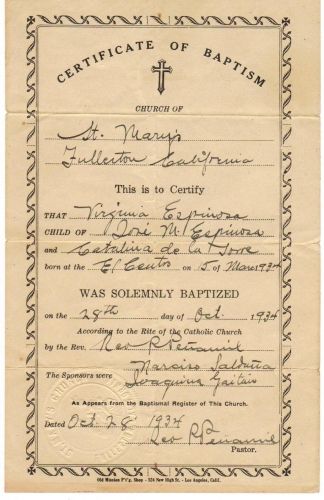 Virginia Espinoza baptism certificate