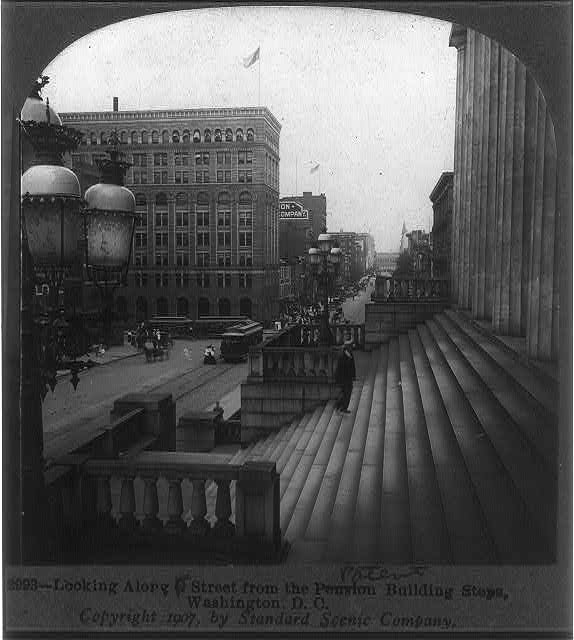 Looking along F Street [past] the Patent Building steps,...