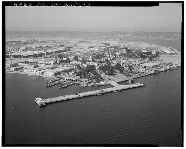 Aerial view looking southwest. Seaplane hangars buildings...